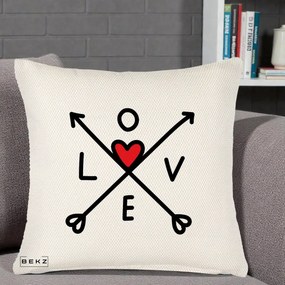 Perna Decorativa Love cu Sageti Incrucisate si Inima Rosie, 40x40 cm, Crem Reliefat, Husa Detasabila, Perna Inclusa, BEKZ®