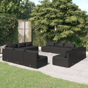 Set mobilier de gradina cu perne, 12 piese, negru, poliratan Negru, 12x mijloc, 1