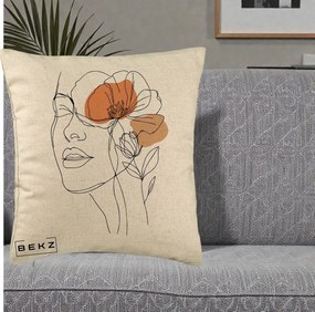 Perna Decorativa Portret Feminin Mac Profilat, 40x40 cm, Bej, Husa Detasabila, Perna Inclusa, BEKZ®
