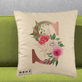 Cadou Personalizat - Perna Personalizata Monograma Rose Gold Litera S, 40x40 cm, Bej, Husa Detasabila, Perna Inclusa, BEKZ®