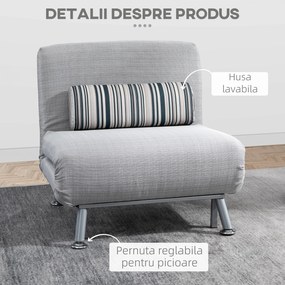 Fotoliu pat extensibil HOMCOM din Fier și Bumbac cu Pernă cu Dungi, Gri 75x70x75cm | Aosom Romania