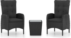 vidaXL Set mobilier grădină, 3 piese, negru, poliratan și sticlă