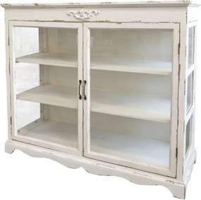 Bufet shabby chic din lemn, alb, cu 2 uși vitrate, 3 rafturi și laterale din sticlă, finisaj antichizat, 87,5 x 106 x 39 cm, „Honfleur”