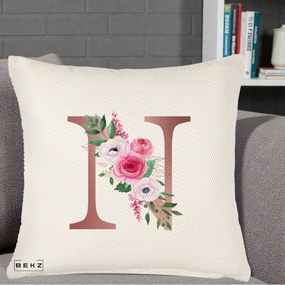 Cadou Personalizat - Perna Personalizata Monograma Rose Gold Litera N, 40x40 cm, Crem Reliefat, Husa Detasabila, Perna Inclusa, BEKZ®