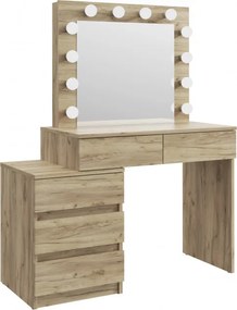 Masuta machiaj cu Oglinda LED si 5 Sertare pentru Cosmetice, Set Masa toaleta 112 cm, Stejar, masuta cosmetica, vanity - SEM510