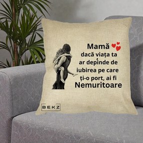 Cadou pentru Mama - Perna Personalizata Mama Nemuritoare Gravura Vintage, 40x40 cm, Crem, Husa Detasabila, Perna Inclusa, BEKZ®