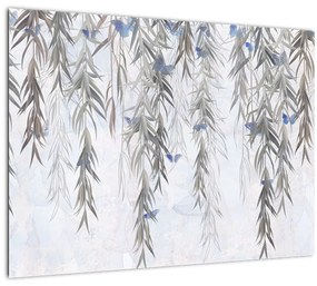 Tablou pe sticlă - Crenguțe de salcie cu fluturi (70x50 cm)