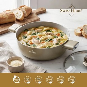 Oală joasă Swiss Haus SH-SCLC24CH, 2,8 l, 24 cm, acoperire ceramică Sapphire, cuptor până la 160 °C, inducție, culoare șampanie