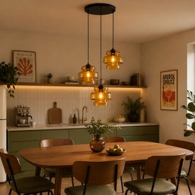 Lampă suspendată retro neagră cu sticlă portocalie cu 3 lumini - Denise