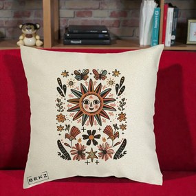 Perna Decorativa Soare Boho Folk Fluturi, 40x40 cm, Ecru, Husa Detasabila, Perna Inclusa, BEKZ®