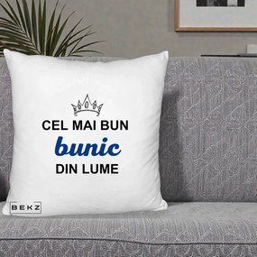 Cadou pentru Bunic - Perna Personalizata Cel Mai Bun Bunic Din Lume Coroana Albastra, 40x40 cm, Alb Pufos, Husa Detasabila, Perna Inclusa, BEKZ®