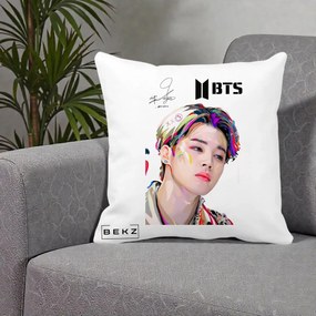 Perna Personalizata K-pop BTS Jimin Portret Artistic Multicolor cu Autograf, 40x40 cm, Alba Mata, Husa Detasabila, Perna Inclusa, BEKZ®