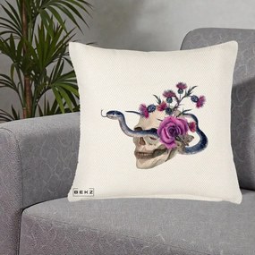 Perna Decorativa Craniu cu Sarpe si Trandafiri Gothic, 40x40 cm, Crem Reliefat, Husa Detasabila, Perna Inclusa, BEKZ®