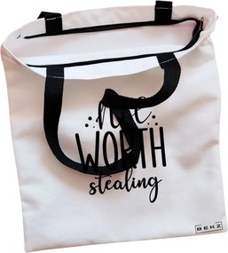Sacosa de Panza pentru Cumparaturi, Geanta Tote, model Not worth stealing, Cu fermoar, 38x34.5 cm, Alba, BEKZ®