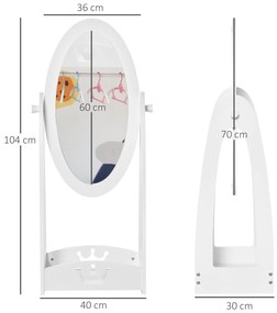 Oglinda pentru Dormitorul copiilor Pivotanta , Oglinda de Podea pentru Copii din Lemn Alb cu Raft de Depozitare 40x30x104cm | Aosom RO