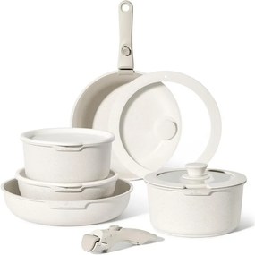 Set oale si tigai Just Perfecto JL-999, 11 piese, Finisaj marmura, Inductie, 2 manere detasabile, Alb/Bej