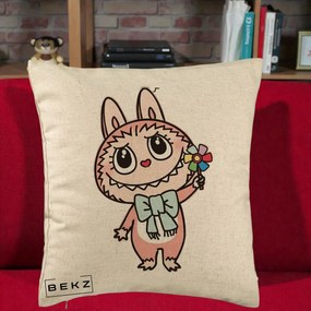 Perna Personalizata Labubu Roz cu Morisca, 40x40 cm, Bej, Husa Detasabila, Perna Inclusa, BEKZ®