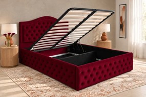 Pat tapițat Chesterfield din catifea Solaria Deluxe 140×200 cm, vișiniu, cu ladă de depozitare