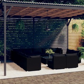 Set mobilier de gradina cu perne, 14 piese, negru, poliratan Negru, 3x colt + 10x mijloc + masa, 1