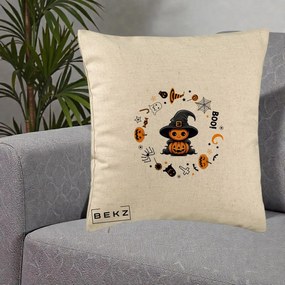 Perna Decorativa Halloween Dovleac Vrajitor Boo cu Simboluri, 40x40 cm, Bej, Husa Detasabila, Perna Inclusa, BEKZ®