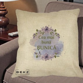 Cadou pentru Bunica - Perna Personalizata Cea Mai Buna Bunica Flori Mov Acuarela Auriu, 40x40 cm, Crem, Husa Detasabila, Perna Inclusa, BEKZ®