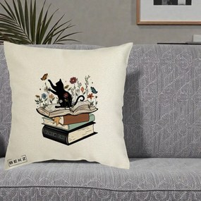 Perna Personalizata Pisica Neagra Carti Flori Fluturi, 40x40 cm, Ecru, Husa Detasabila, Perna Inclusa, BEKZ®