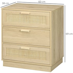 HOMCOM Comoda design boem din ratan cu 3 sertare, mobilier de depozitare pentru living, hol, intrare, lemn natural | Aosom Romania