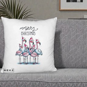 Perna Decorativa Flamingo Merry Christmas, 40x40 cm, Alb Pufos, Husa Detasabila, Perna Inclusa, BEKZ®
