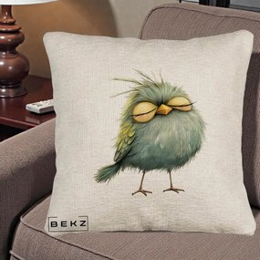Perna Decorativa Pasare Teal Adormita cu Ochi Galbeni, 40x40 cm, Bej Canapea, Husa Detasabila, Perna Inclusa, BEKZ®