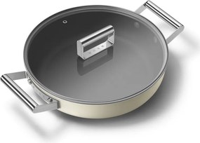 Oală joasă cu capac Smeg DPF2812CRM, 28 cm, 4,3 l, acoperire ceramică antiaderentă, potrivită pentru cuptor până la 250 °C, fără PFAS, compatibilă cu plitele cu inducție, culoare crem
