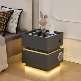 ELÉVIA — Noptieră inteligentă cu încărcare Wireless, Bluetooth Stereo, iluminare RGB, USB + Type-C și senzor de mișcare, Gri