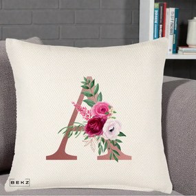 Cadou Personalizat - Perna Personalizata Monograma Rose Gold Litera A, 40x40 cm, Crem Reliefat, Husa Detasabila, Perna Inclusa, BEKZ®