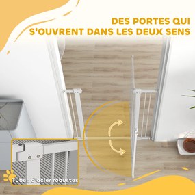 PawHut Barieră de siguranță pentru câini, sistem dublu de închidere, montaj prin presiune sau găurire, lățime 76-104 cm, alb | Aosom Romania