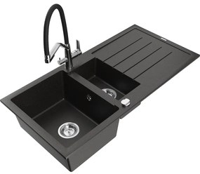 Mexen Andres chiuvetă din granit cu 1,5 compartimente cu scurgător și baterie de bucătărie Duo, negru/auriu metalic - 6515-75-67