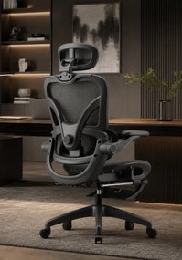 ErgoVision Pro – Scaun Ergonomic, Suport Lombar Reglabil, Umeras, Cotiere Rabatabile, Suport pentru Picioare, Mesh, Negru