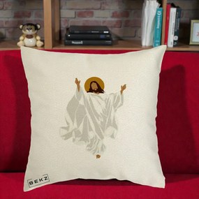 Perna Decorativa Iisus Hristos Invierea Silueta Minimalista, 40x40 cm, Ecru, Husa Detasabila, Perna Inclusa, BEKZ®