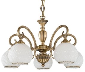 Candelabru cu 5 brate clasic design italian din alama, sticla 8400 RA-L. 8400/5