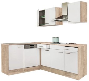 Mobilă de bucătărie de colț Yorki 220, corp din stejar Sonoma, cu față alb satinat