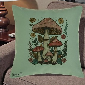 Perna Decorativa Ciuperci Vintage Floral, 40x40 cm, Verde, Husa Detasabila, Perna Inclusa, BEKZ®