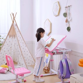 HOMCOM Set Masă și Scaun pentru Copii Reglabilă pe Înălțime, cu Blat Înclinabil 45°, 66x47x52-77 cm, Roz | Aosom Romania