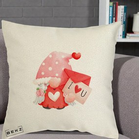 Cadou Romantic - Perna Personalizata I Love You Gnome Valentine cu Scrisoare, 40x40 cm, Ecru, Husa Detasabila, Perna Inclusa, BEKZ®