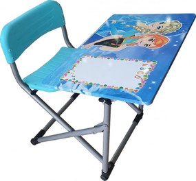 Birou pliabil pentru copii Novokids™ My first school desk, Din MDF, dimensiuni 70X60X66 cm, Cadru metalic, Banca scolara, Model Printese, Bleu