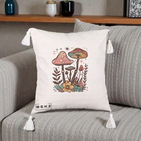 Perna Decorativa Ciuperci Boho Multicolore, 40x40 cm, Bej cu Franjuri, Husa Detasabila, Perna Inclusa, BEKZ®
