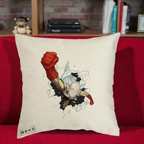 Perna Personalizata One Punch Man Saitama Pumn, 40x40 cm, Ecru, Husa Detasabila, Perna Inclusa, BEKZ®