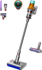 Aspirator vertical Dyson V12s Detect Slim Submarine 485350-01, 140AW, 0,35 L, 60 min, uscat/umed, 3 moduri, HEPA, senzor de praf, golire igienică, LCD cu date în timp real, nichel/galben