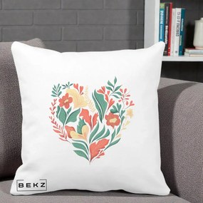 Perna Decorativa Inima Florala Botanica, 40x40 cm, Alba Mata, Husa Detasabila, Perna Inclusa, BEKZ®