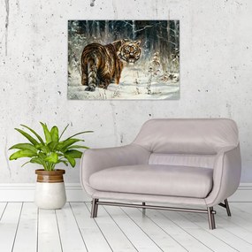 Tablou pe sticlă - Tigru într-o pădure înzăpezită, pictură în ulei (70x50 cm)