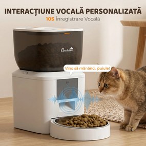 PawHut Distribuitor Automat de Hrană pentru Pisici 4L, WiFi 2.4G, Control App cu Înregistrare 10s, Bol, Alb | Aosom Romania