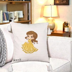 Perna Decorativa Printesa Bella Rochie Aurie, 40x40 cm, Bej cu Franjuri, Husa Detasabila, Perna Inclusa, BEKZ®