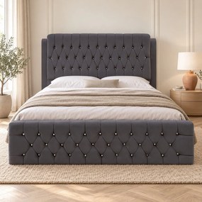 Pat tapițat Chesterfield din catifea Aveline Deluxe 140×200 cm, gri închis, cu ladă de depozitare